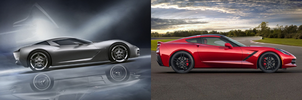Визуальное сравнение между концептом и серийным Corvette