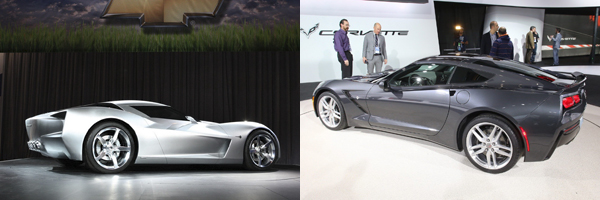 Визуальное сравнение между концептом и серийным Corvette
